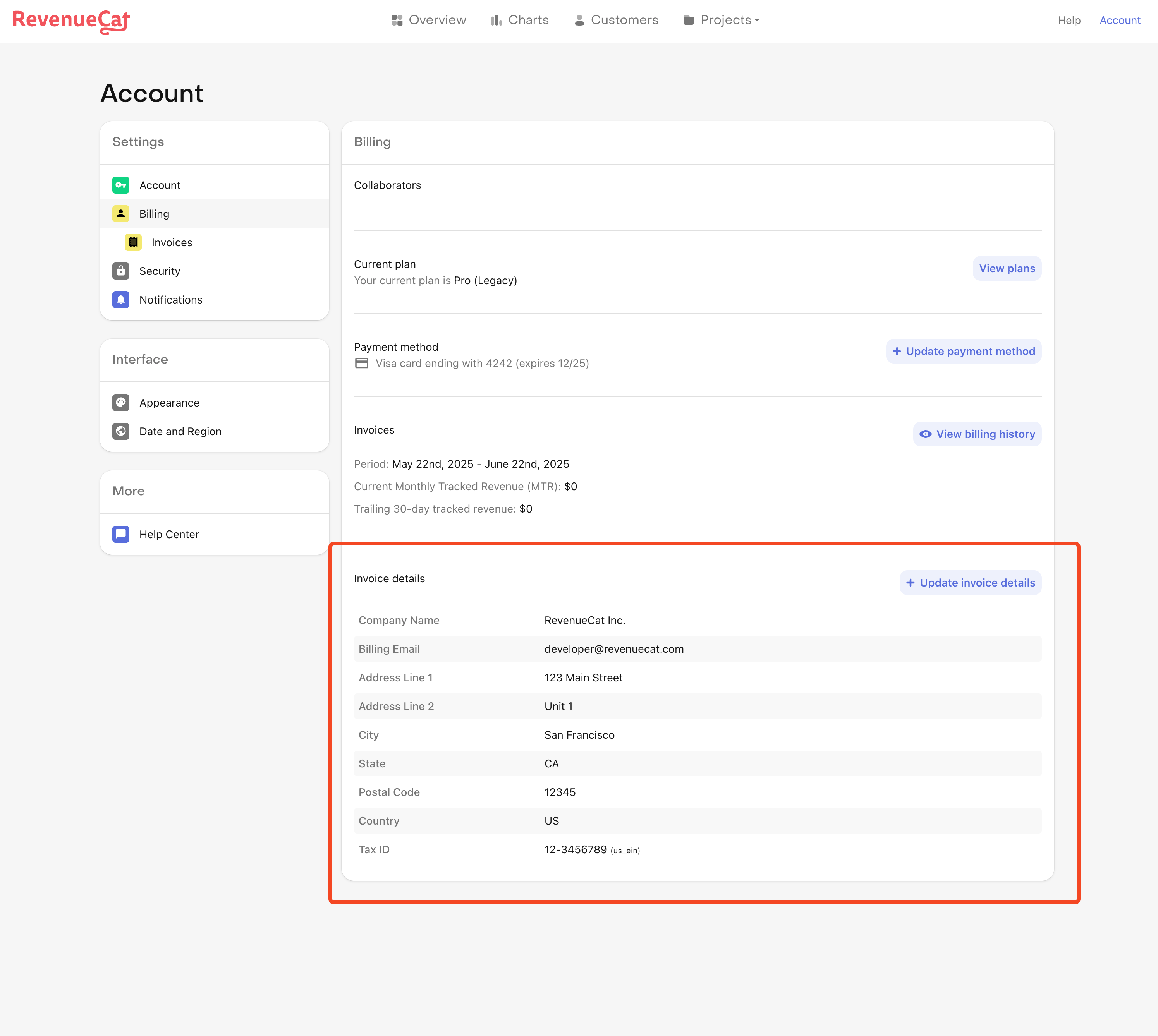 update your invoice details in your billing settings