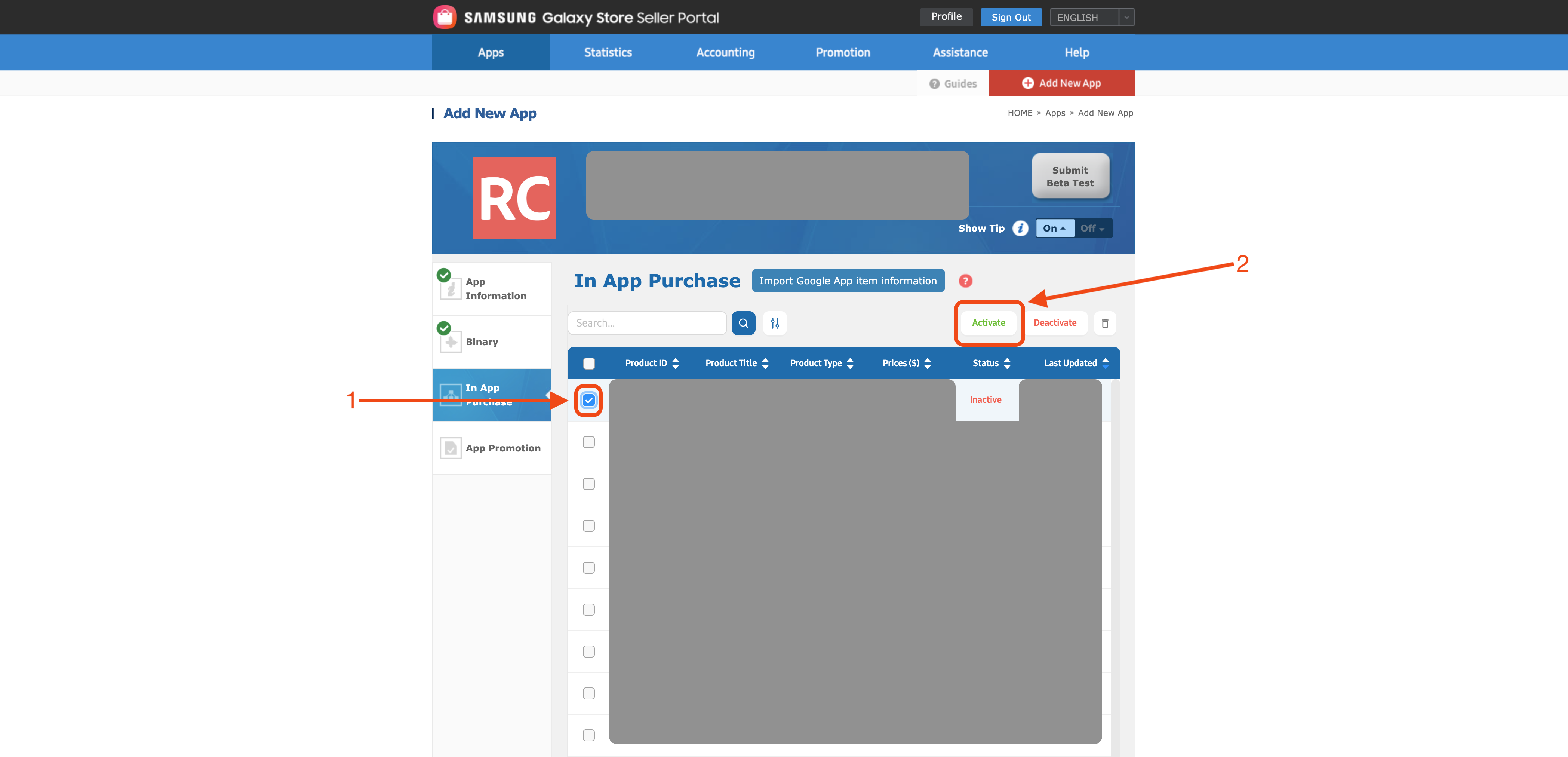Activate Product on the Galaxy Store Seller Portal
