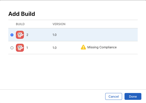 Selecting your build in App Store Connect