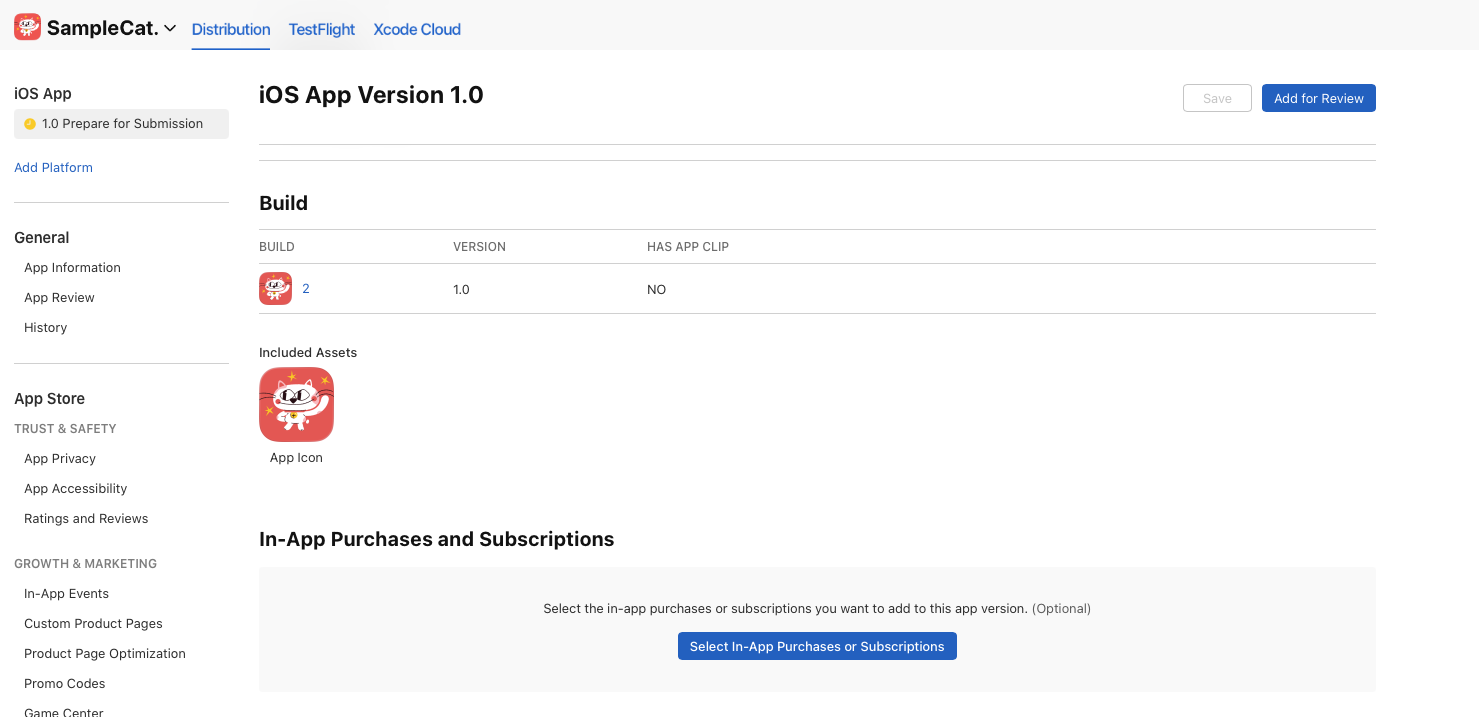 The "in app purchases and subscriptions" section in App Store Connect