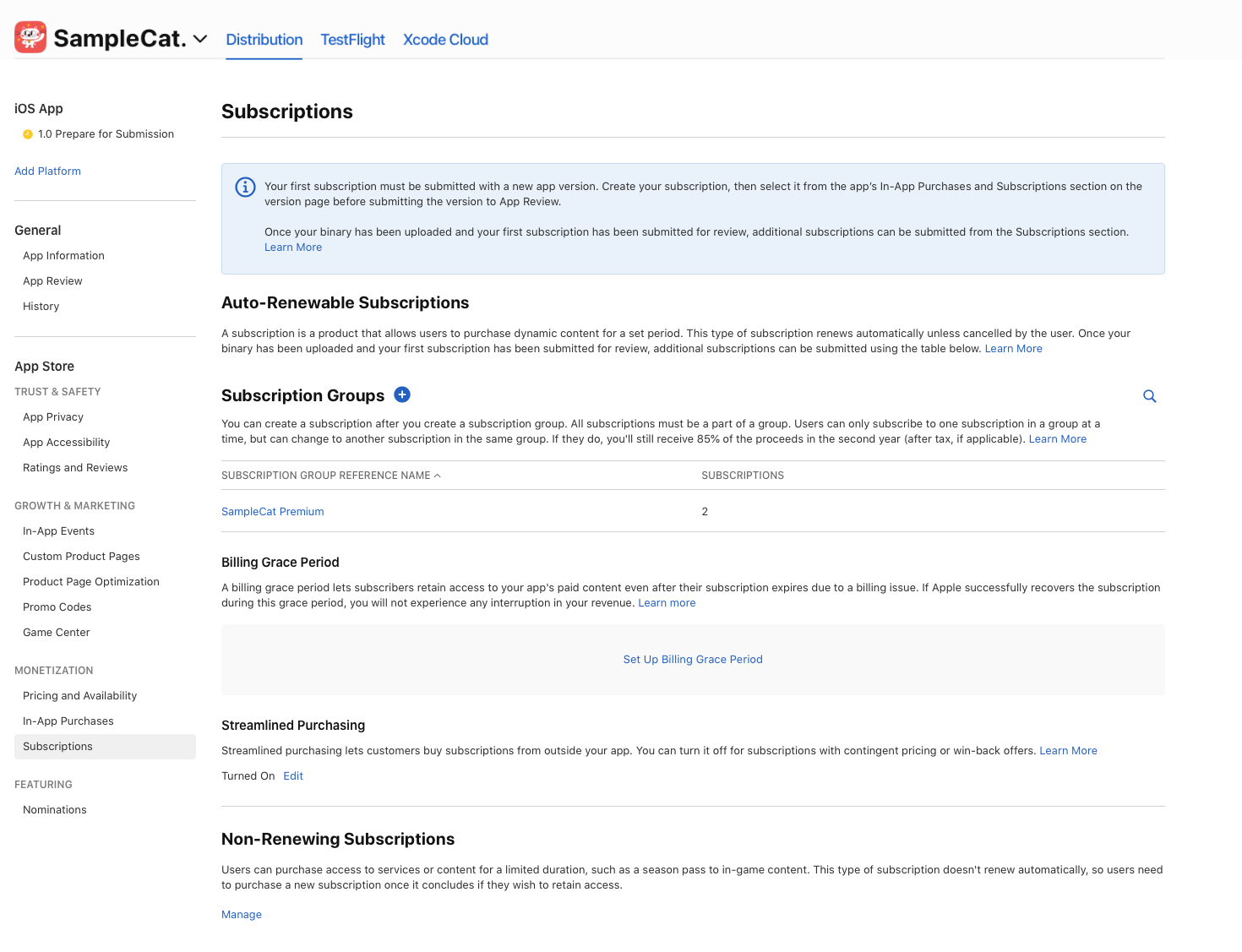 A list of auto-renewable and non-renewing subscription in App Store Connect