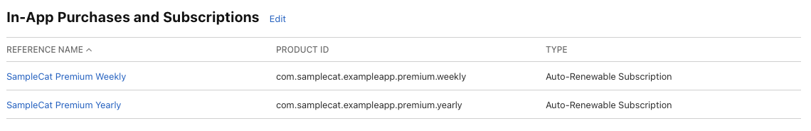 Subscriptions attached in the "in app purchases and subscriptions" section in App Store Connect