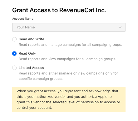 Apple Search Ads API user permission screen
