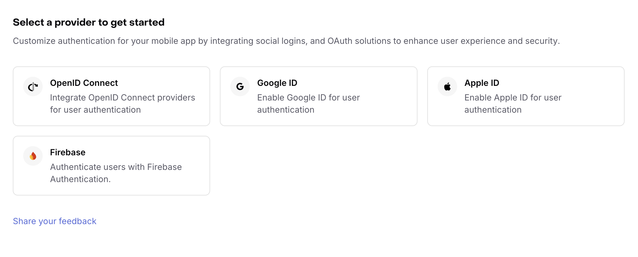 The Select a provider screen in the Auth section, listing OpenID Connect, Google ID, Apple ID, and Firebase