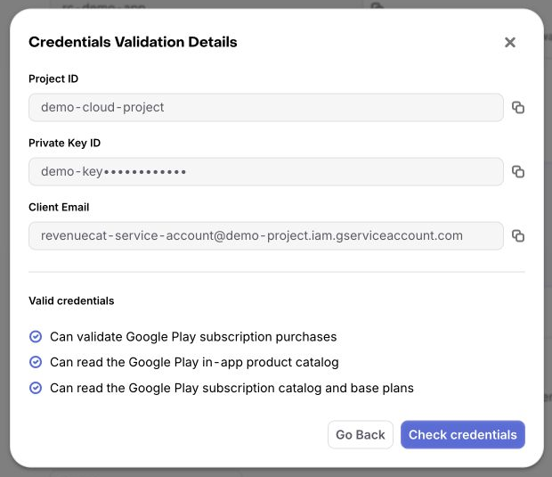 Credentials Validation Details modal with all validation checks passing