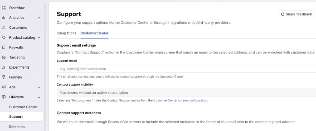 Support email and Contact support visibility settings under Lifecycle → Support, in the Customer Center tab