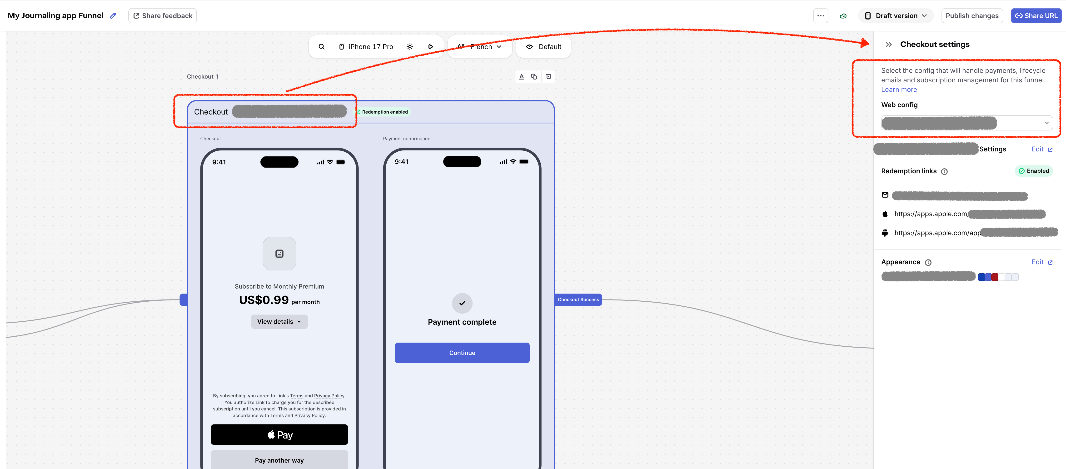 Checkout settings panel showing the Web config setting for a checkout step