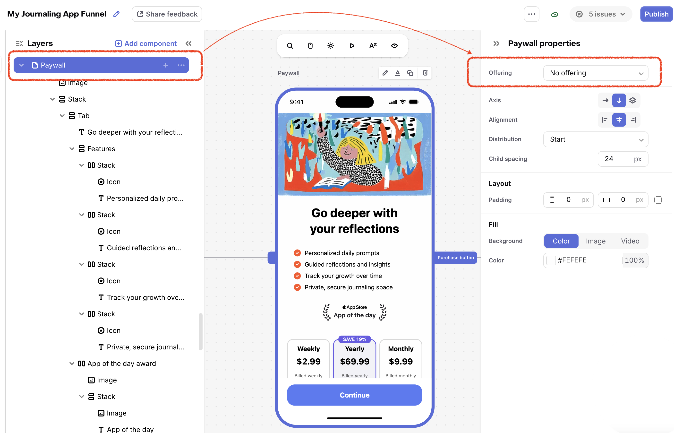 Paywall properties panel showing the Offering setting for a paywall step