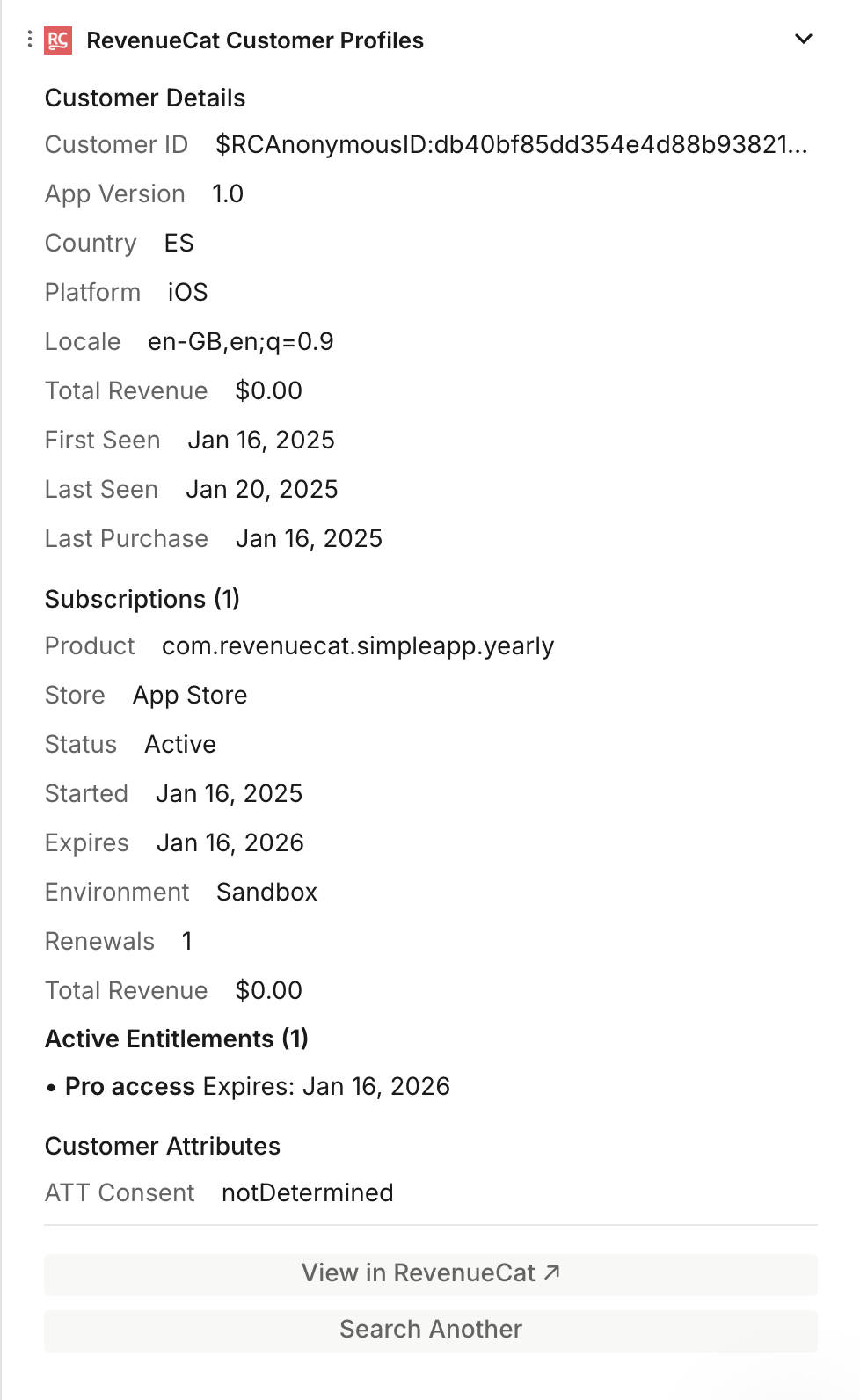RevenueCat Customer Profiles app in Intercom sidebar