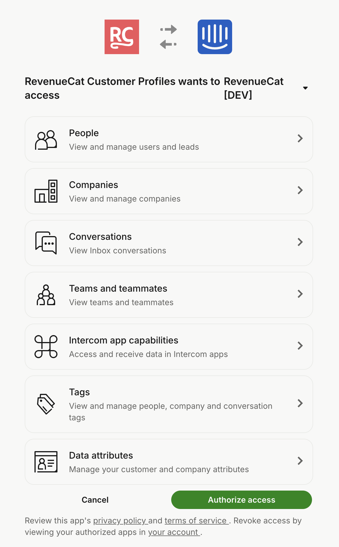 Authorize RevenueCat Customer Profiles app in Intercom sidebar