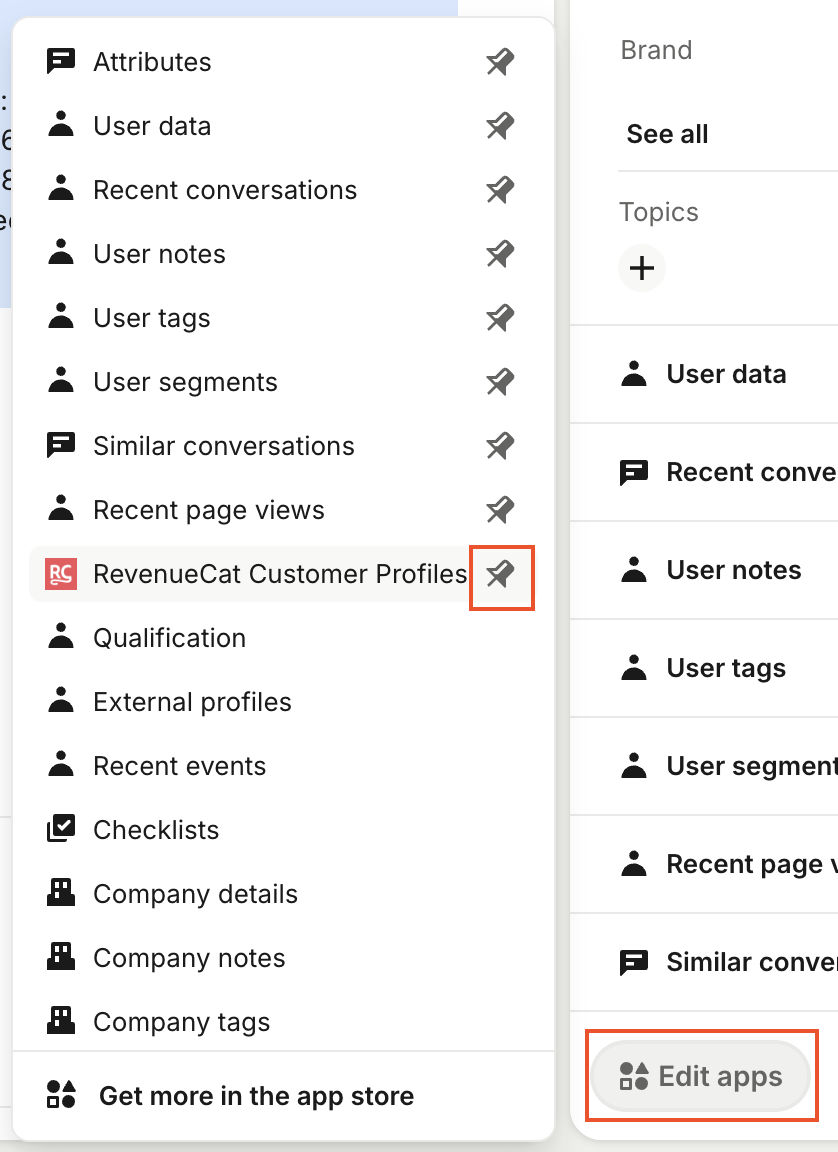 RevenueCat Customer Profiles app in Intercom sidebar