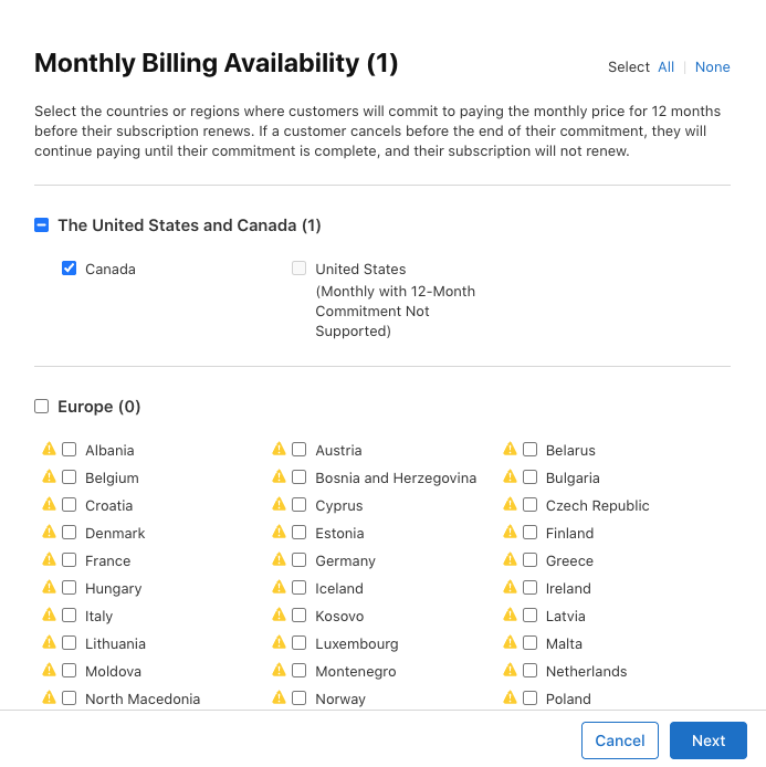 Regional availability settings for the monthly commitment billing plan