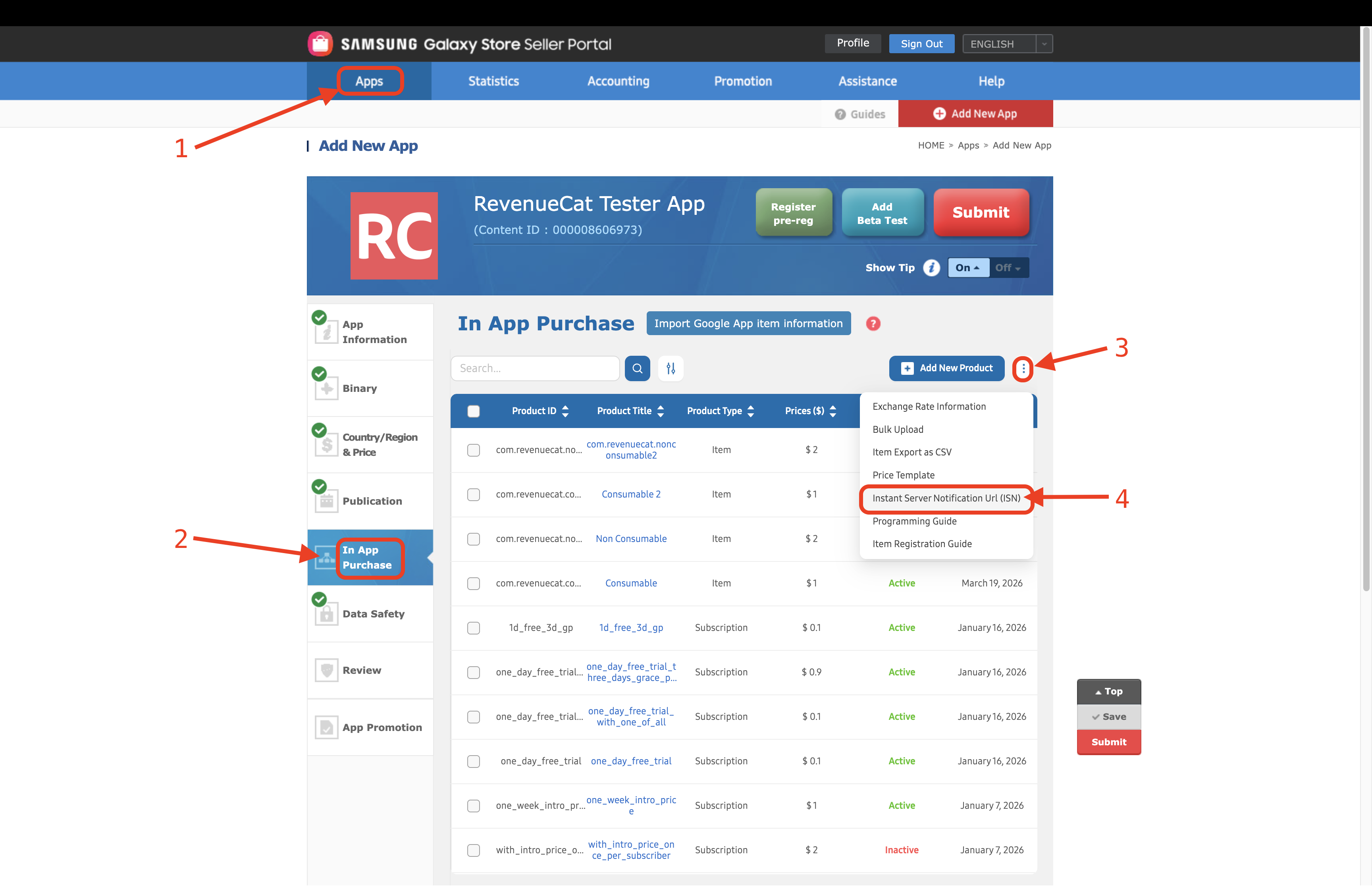 Navigate to Instant Server Notification Url in the Galaxy Store Seller Portal