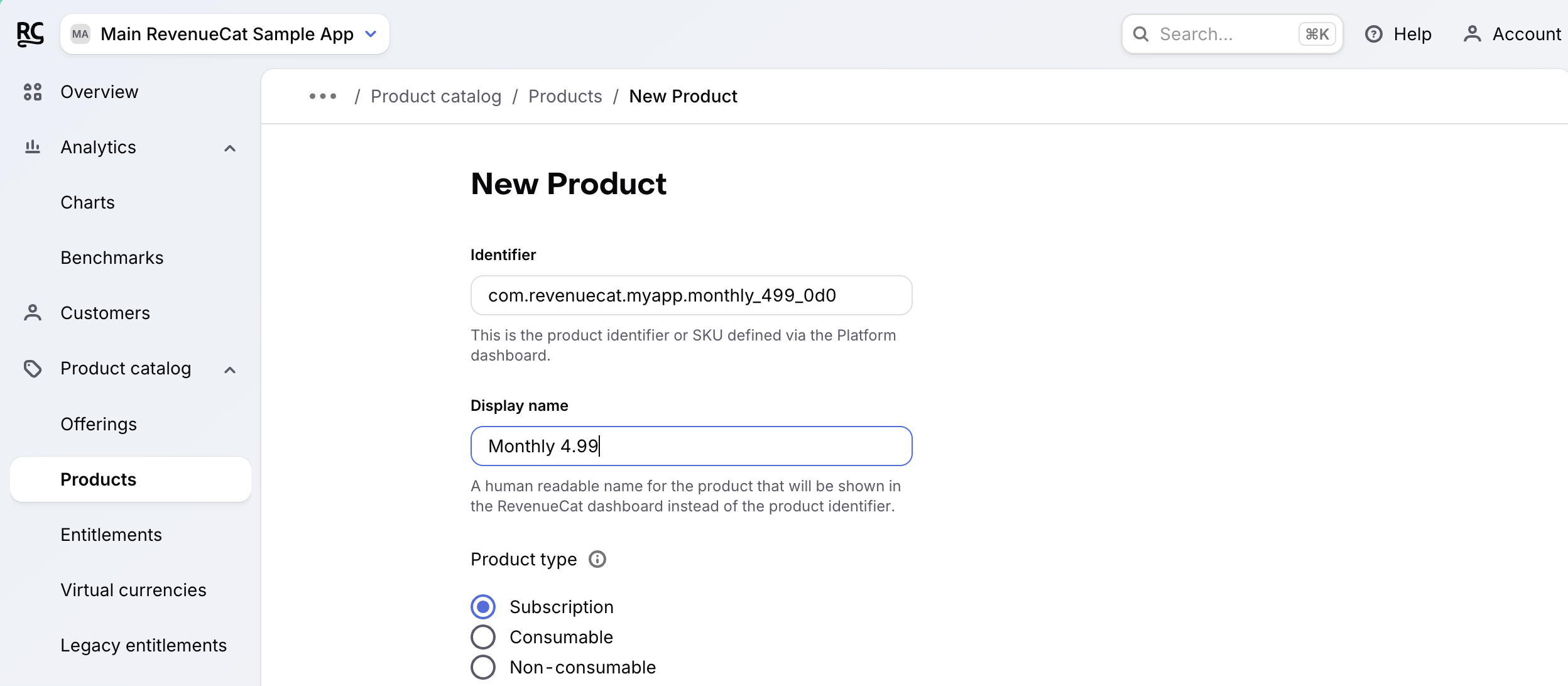 Create product in the RevenueCat dashboard