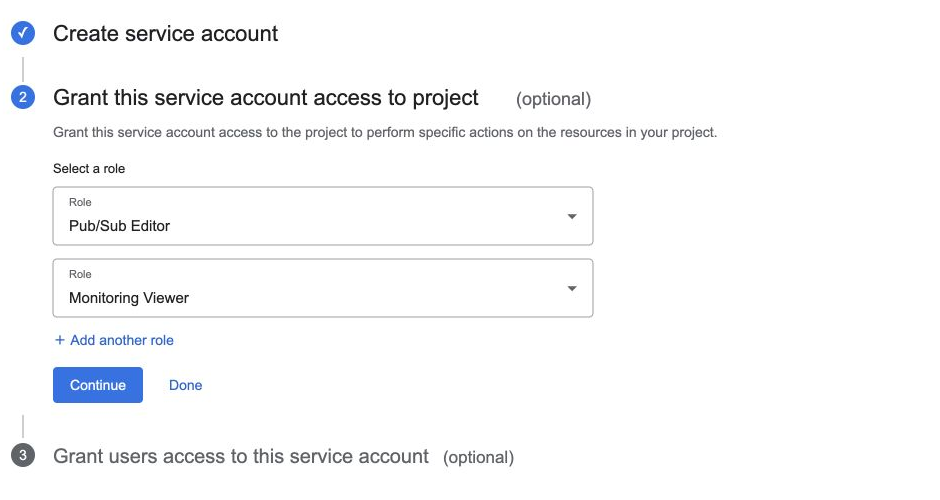 Granting the Pub/Sub Editor and Monitoring Viewer roles while creating a service account in Google Cloud Console