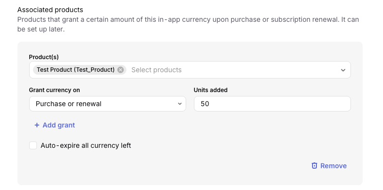 Associated product settings with the product, grant timing, units, and auto-expiration options